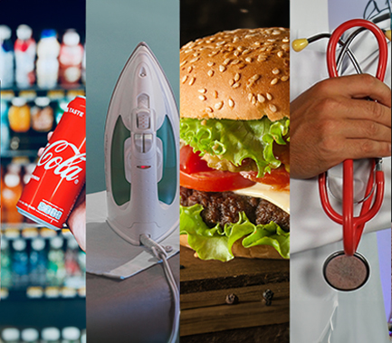 Photo collage of food, doctors, a cellphone, an iron, and money