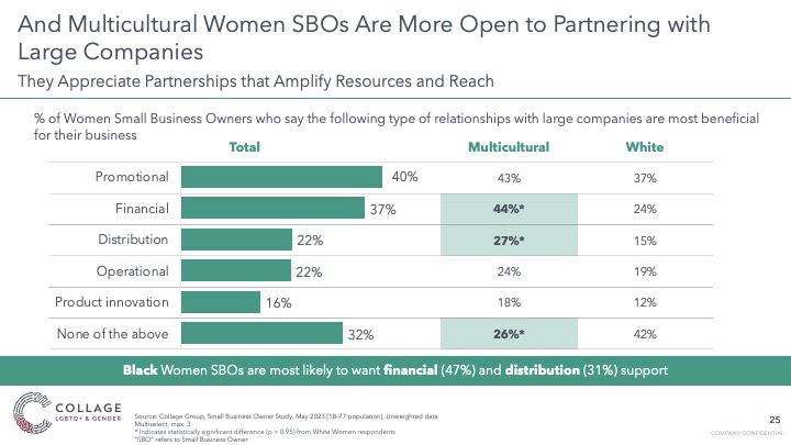 Multicultural women SBOs are more open to partnering with larger companies