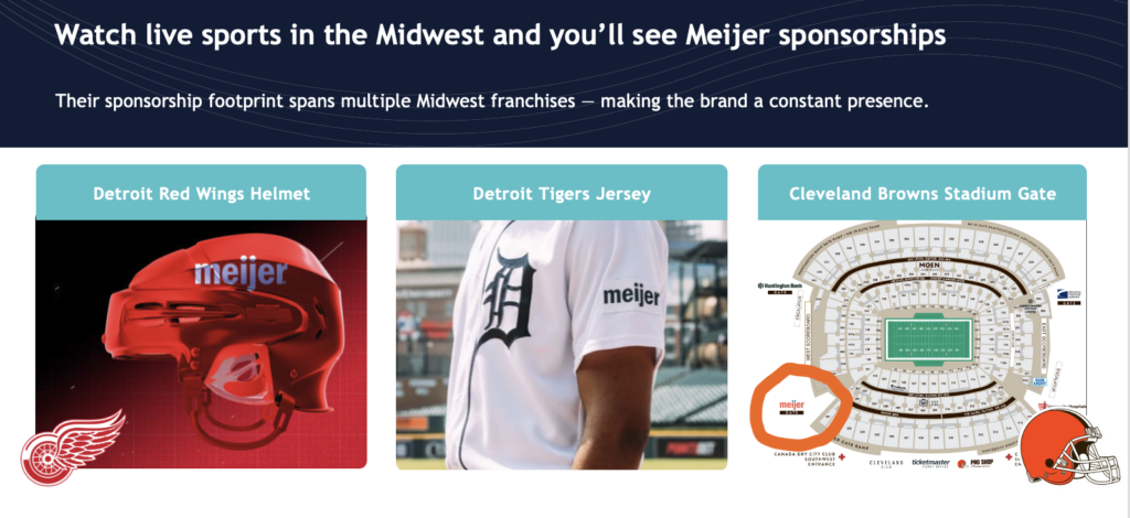 Examples of Meijer engaging Mid Western Sports Fans with Cultural Specificity include: Detroit Red Wings Helmet, Detroit Tigers Jersey and a Cleveland Browns Stadium Gate.
